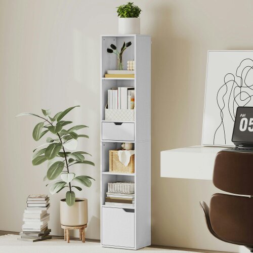 Wyld Haus Kesura Wooden White Tall Narrow 6 Tier Bookcase With Drawer And Door