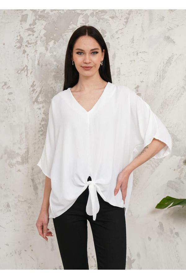 Hoxton Gal Oversized V Neck Tie Front Detailed Blouse with 3/4 Sleeves in White