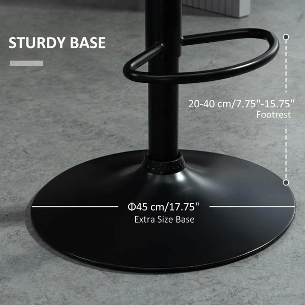 Black pedestal base with circular footrest for an adjustable green bar stool