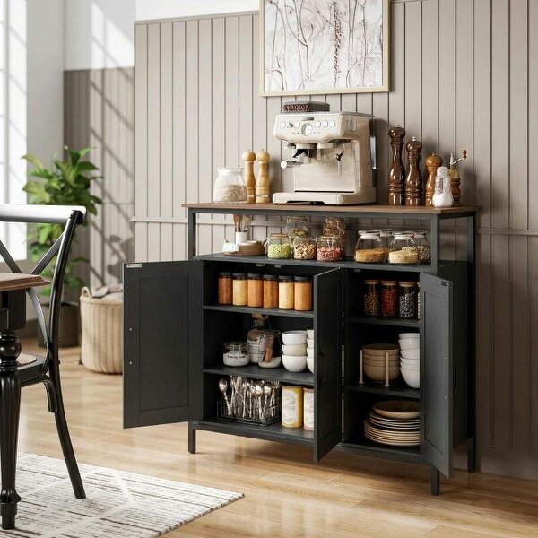 Industrial Kitchen Sideboard with Open Shelf, 2 Cabinets, Adjustable Shelves for Living Room, Dining Room, Black