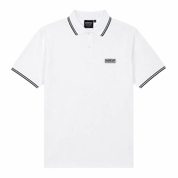 White Barbour International polo shirt with black tipped collar and cuffs, featuring a branded chest logo patch.