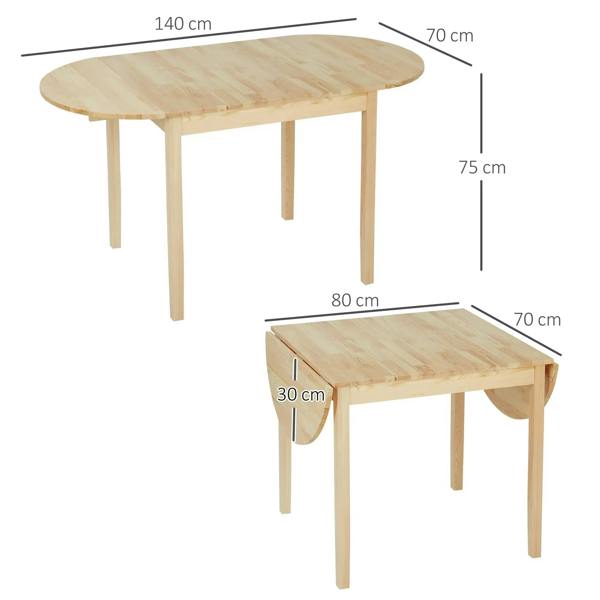 Natural wooden drop-leaf table shown open and closed with size dimensions