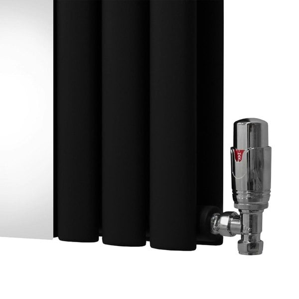 Black oval mirror radiator with sleek, smooth finish and chrome valve, measuring 1800mm x 380mm, ideal for modern spaces