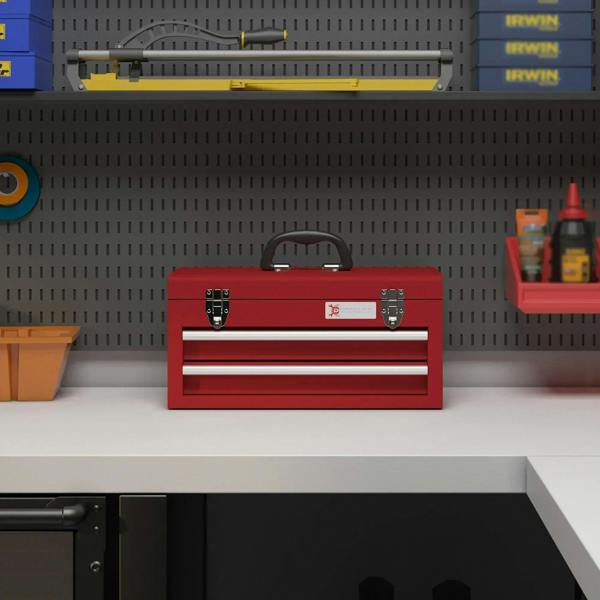 Red lockable metal tool box with handle and two drawer fronts, closed and ready