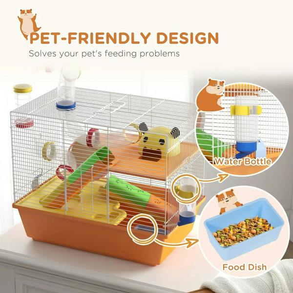 Orange gerbil cage with tube system, water bottle holder, and food dish area