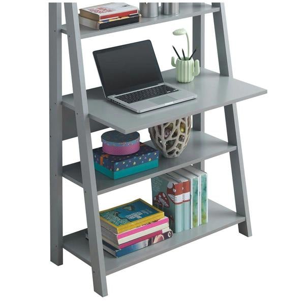 Timber Art Design Riva Ladder Bookcase with 5 Tier Shelves & Overhanging Desk Shelf