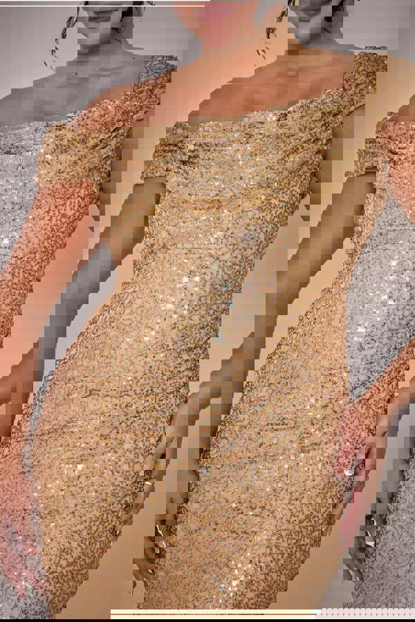 Cap Sleeve Iridescent Sequin Cowl Maxi Dress - Gold DR4633PLUS