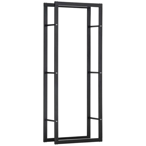 Black tall metal firewood log rack with open rectangular frame and crossbars.