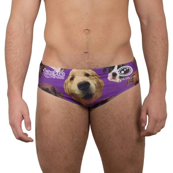 Purple Optimum dog-print tackle trunks, front view on model with Tackle Trunks and Optimum logos - Optimum