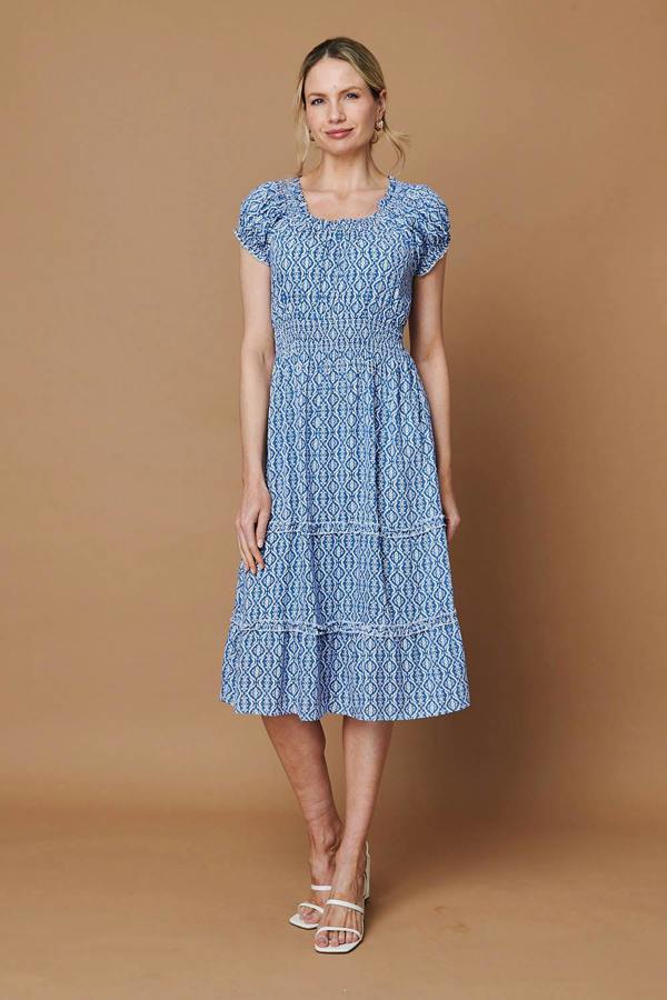 Blue | Printed Shirred Tiered Midi Dress
