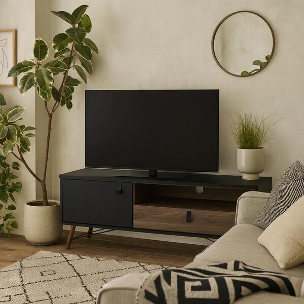 Wyld Haus Juno Black and Walnut Wood TV Unit 1 Door 1 Drawer and Open Shelf