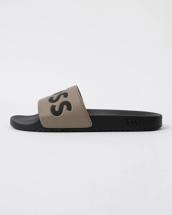 side view of BOSS Orange Aryeh Mens Italian-Made Slides With Large Logo Detail in Open Brown 248