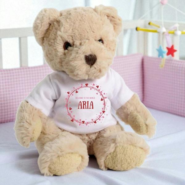 Personalised Luxury Teddy Bear with Pink & Red Hearts T-Shirt