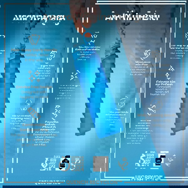 A blue water bottle is held, showcasing its features: hide-away handle, crevice-free design, contoured grip, hygiene cover, and wide mouth. It's an award-winning design.