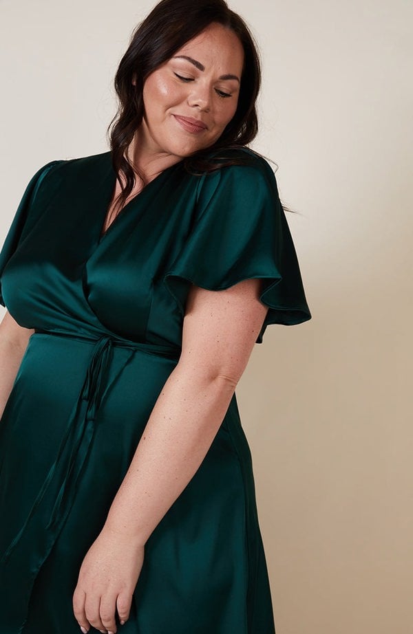 Rewritten London Florence Waterfall Dress in Forest Green Satin