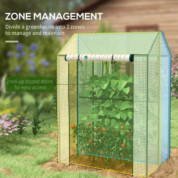 White mini greenhouse with two roll-up doors and transparent mesh walls