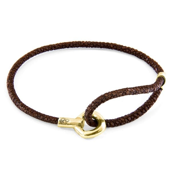 Anchor & Crew Mocha Brown Blake 9ct Yellow Gold and Stingray Leather Bracelet