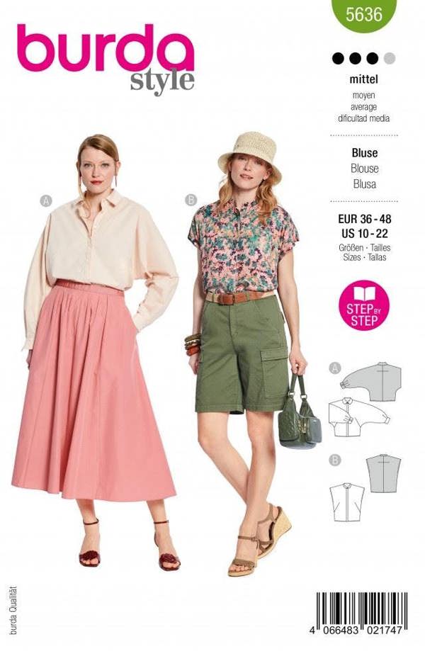 Burda Sewing Pattern 5636 Tops and Shirts For Women, 10 to 22 - Intermediate