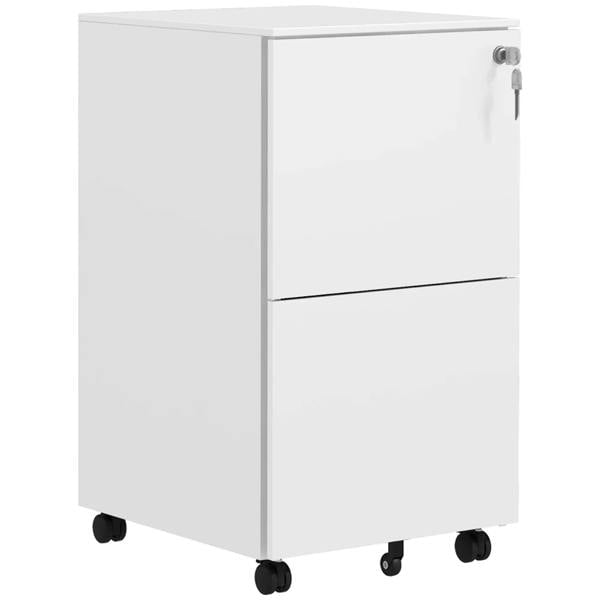 White steel mobile filing cabinet with two drawers, lock, and caster wheels
