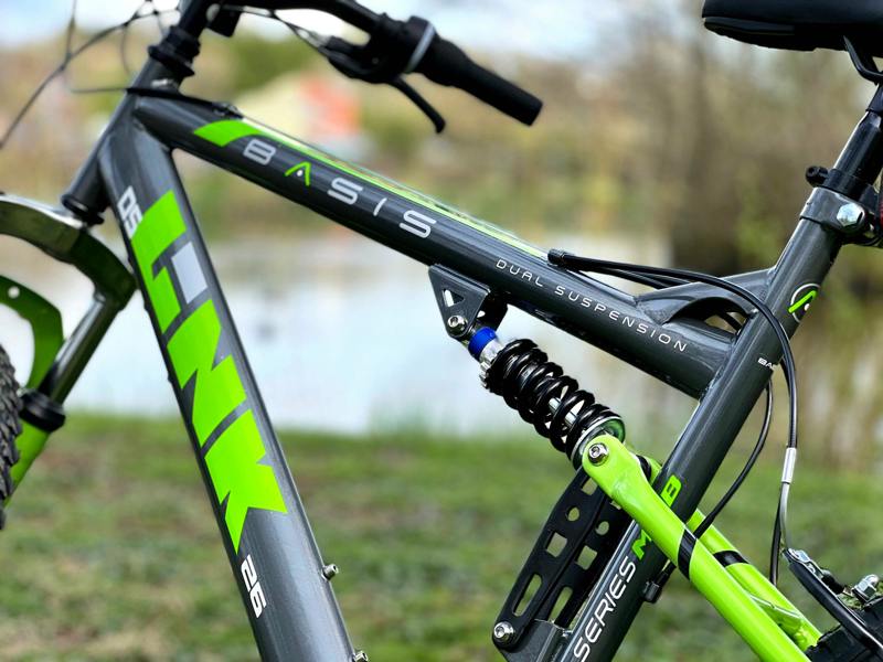 Basis Bikes Basis Link DS Full Suspension Mountain Bike, 26" Wheel - Graphite/Lime