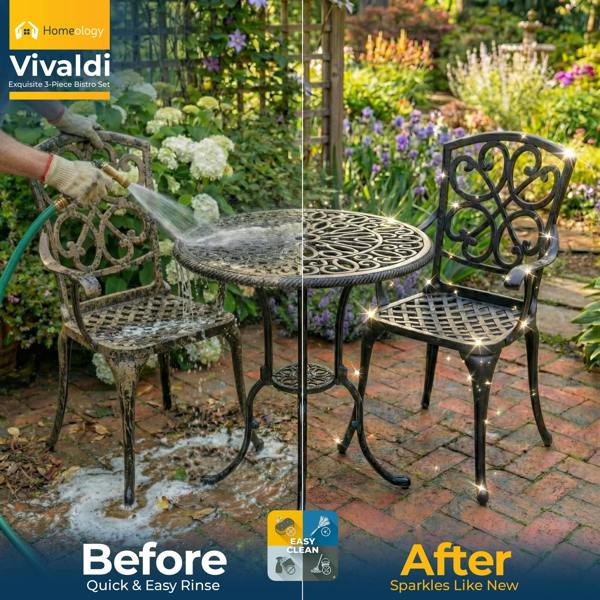 Homeology VIVALDI Black 3-Piece Cast Aluminium Garden Bistro Set - Round Table & 2 Generously Sized Chairs - for Patio, Balcony & Conservatory