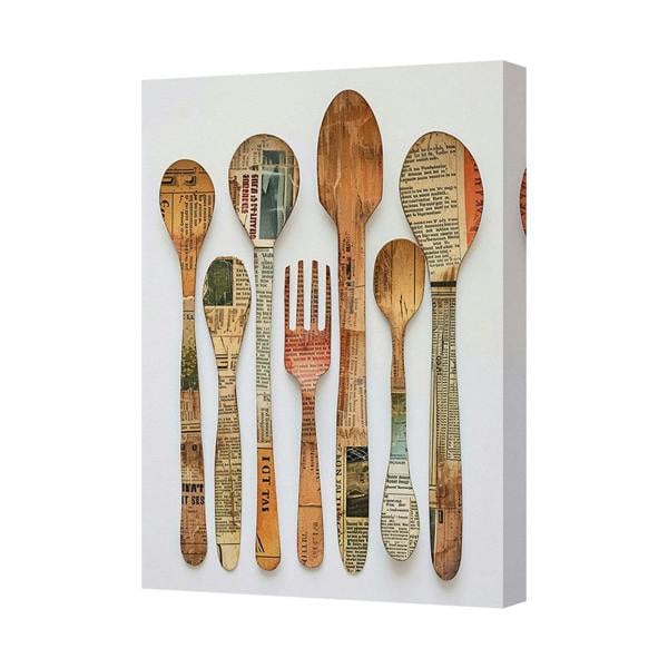 Benjamin Tate Design Contemporary Spoon Cutlery Canvas Wall Art Print With Newspaper Collage