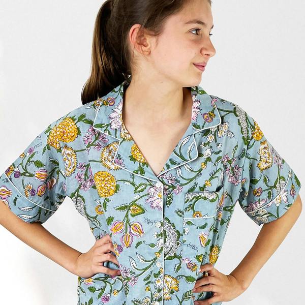 Hayley & Co Pale Blue Block Print Floral 100% Cotton Short Pyjama Set