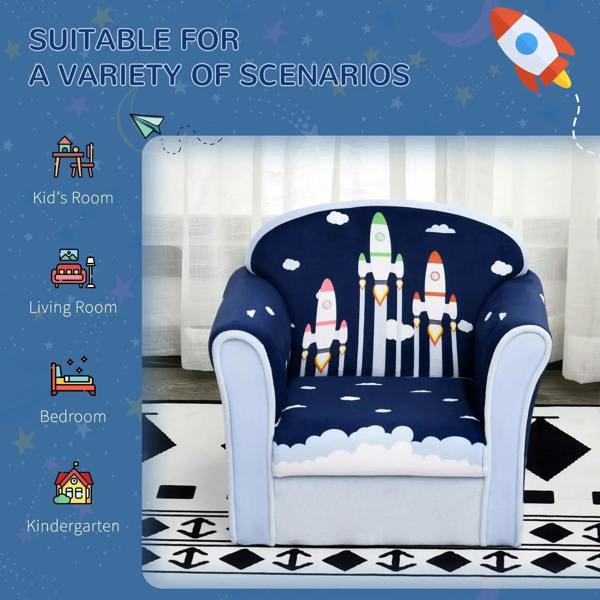 Kids' blue armchair sofa with rocket and cloud fabric design and padded armrests
