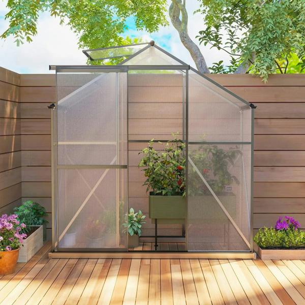 Dark grey polycarbonate walk-in greenhouse with sliding door and transparent wall panels