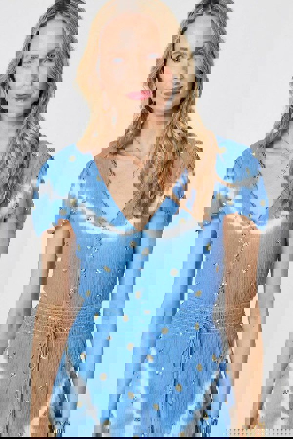 Blue | Tie Dye Print Shirred Tie Waist Midi Dress
