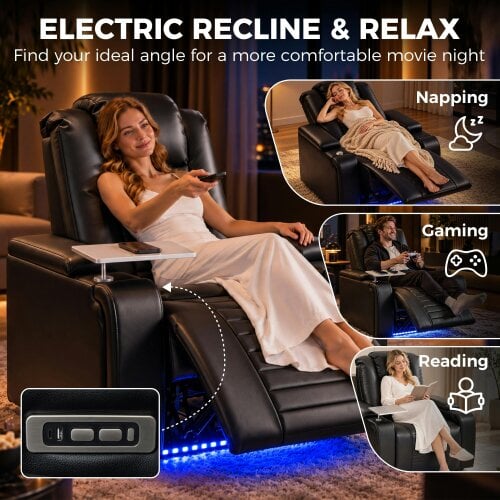 HOMCOM Electric Recliner Armchair w/ Type C+USB, LED Light, Storage, Black