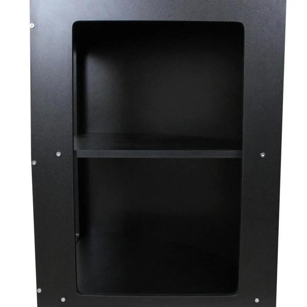 Sleek black retail shop corner counter CM60 with two spacious shelves and a smooth matte finish, ideal for showcasing products