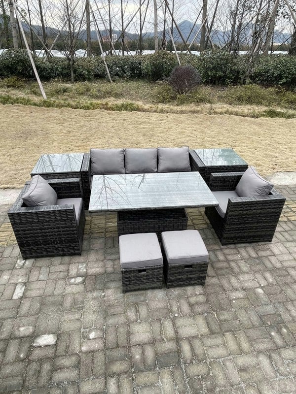 Fimous Rattan Garden Furniture Adjustable Rising Lifting Dining Table Sofa Set Chairs 2 Side Coffee Tables with 2 Stools