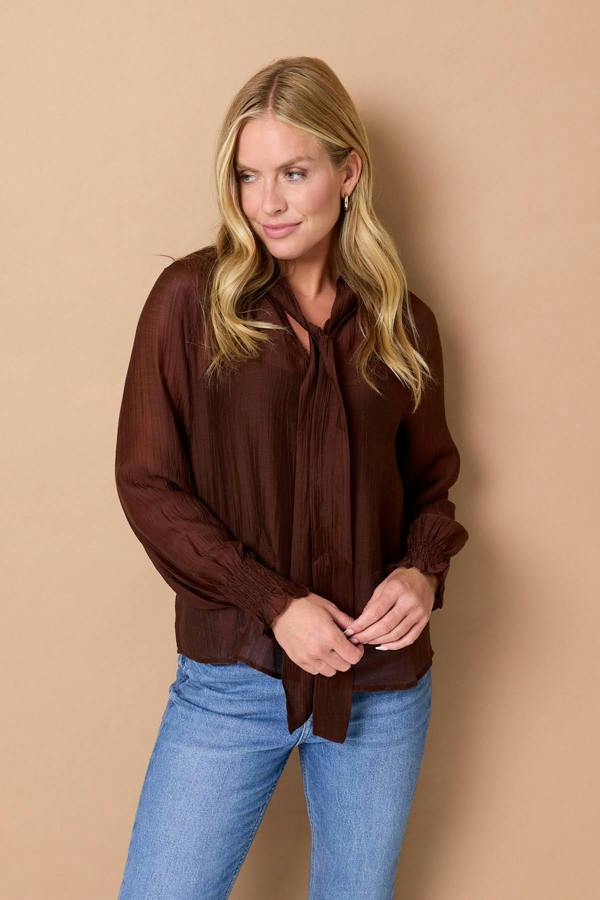 Brown | Tie Front High Neck Relaxed Blouse