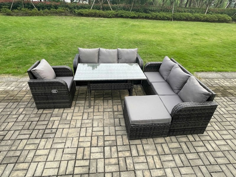 Fimous 8 Seater Rattan Garden Furniture Set Oblong Rectangular Dining Table and Chairs Set with 3 Seater Sofa Big Footstool Dark Grey Mixed