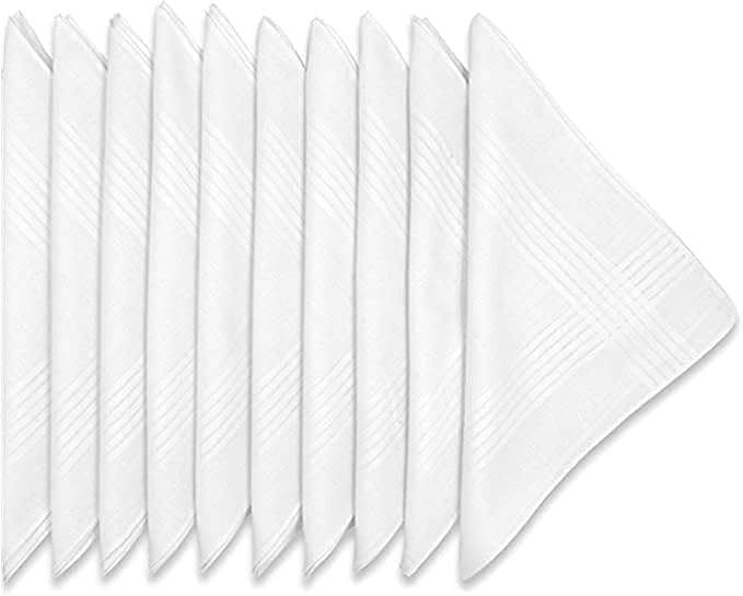 KAV Pack of 20 Men's Handkerchief with Imprinted Border - 36x36cm Polycotton Multifunctional Large Pocket Squares Hankies for Men - White