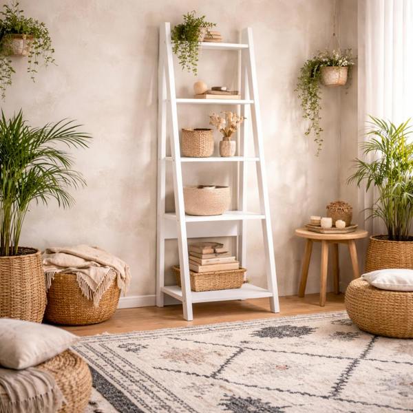 Wyld Haus Athy White Wooden Ladder Bookcase 5 Shelves
