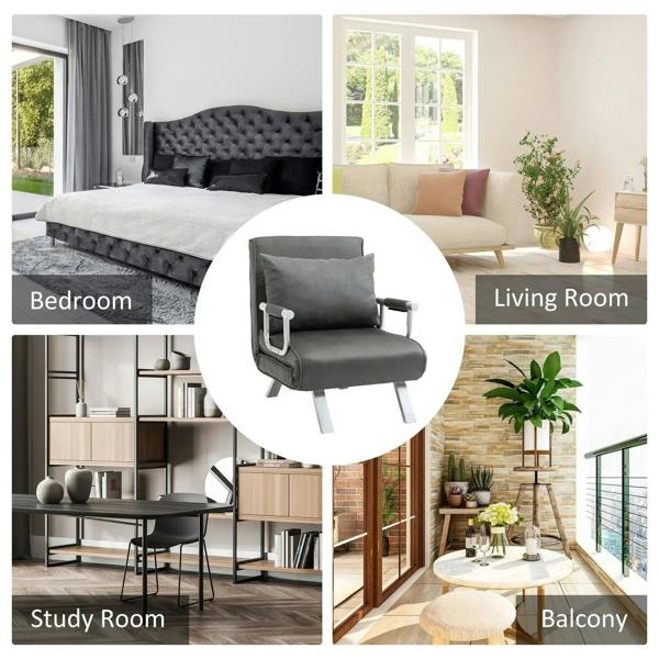Grey chair bed styled as living room seating with tall back and armrests
