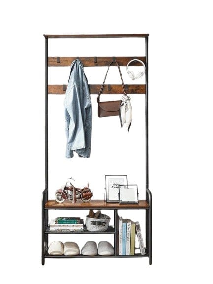 Modcraft Industrial Coat Tree with Shoe Storage Bench – 9 Hooks