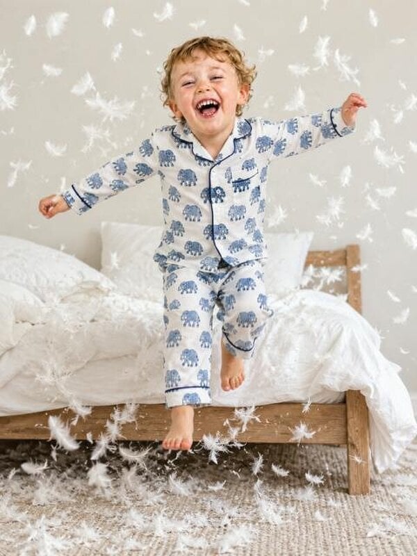 Kids Elephant print pyjamas in woodblock print cotton voile. Available in pink, blue & Green