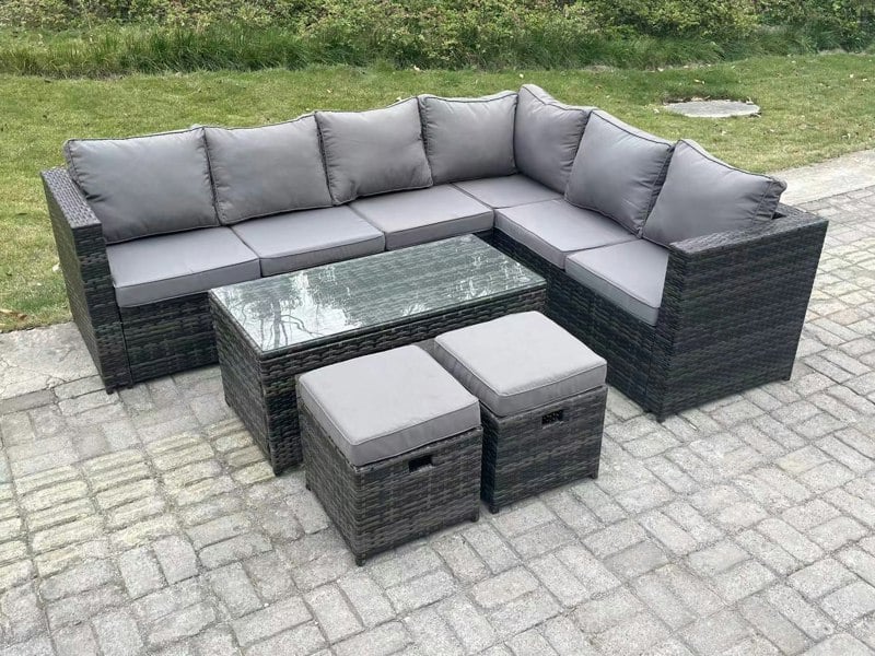 Fimous 8 Seater Rattan Corner Sofa Lounge Sofa Set With Rectangular Coffee Table 2 Stool Dark Grey Mixed Right Hand