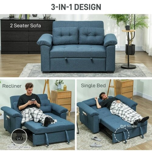 Bobobiy Pull Out Sofa Bed, Fabric 2 Seater Click Clack Sofa Bed Settee with 2 Pocket Springs, Blue