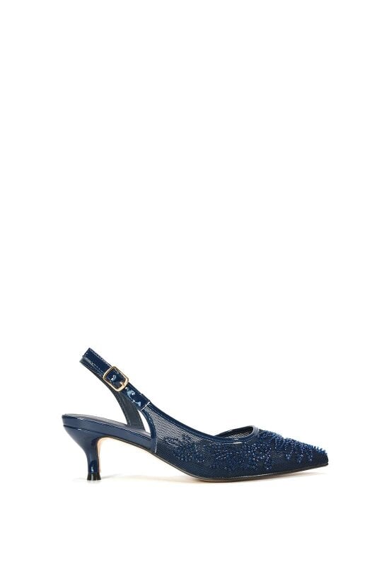XY LONDON Embroidered Slingback Court Shoes With Kitten Heel - Navy