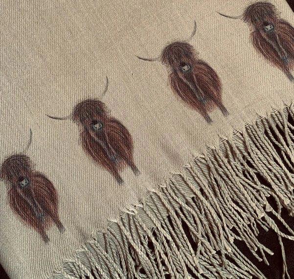 Art on Scarves Cashmere Feel Luxury Scarf Handprinted with Highland Cows