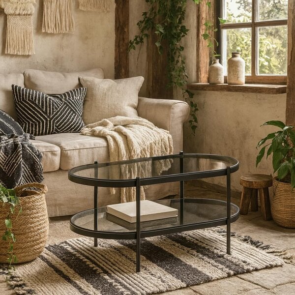 Wyld Haus Featheroak Grey Glass Oval Coffee Table Black Metal Legs