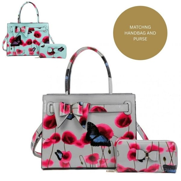 Stylex Accessories Patent Poppy and Butterflies Handbag & Purse Set