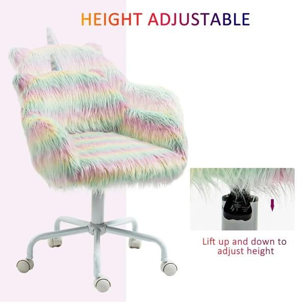 Rainbow fluffy unicorn-themed height-adjustable office chair with armrests