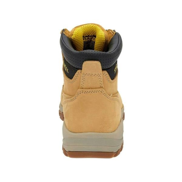 Stanley Tradesman Mens Steel Toe/Midsole Safety Work Boots, rear view showing tan leather upper, padded black collar with yellow inner lining, and sturdy sole.