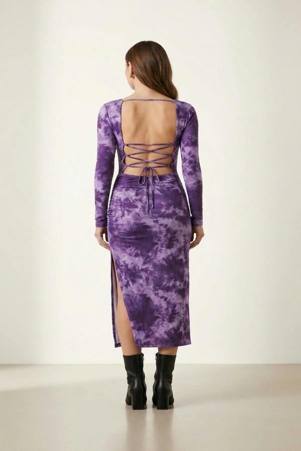 Priscilla Printed Long Sleeve Cross-tied Back Midi Dress - Purple