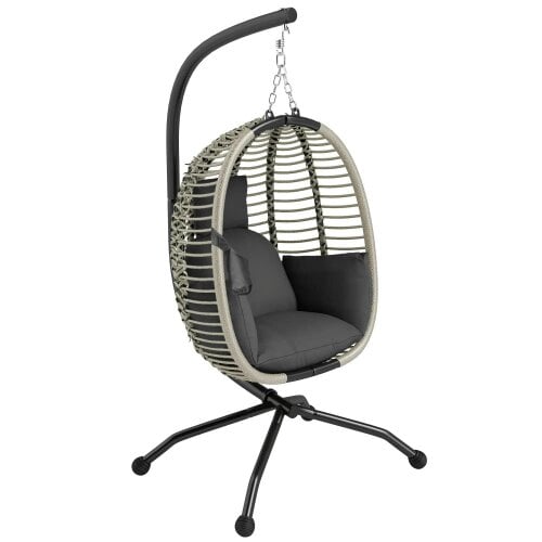 Bobobiy Outdoor Swing Chair with Thick Padded Cushion, Patio Hanging Egg Chair with Metal Stand, Foldable Basket, Rope Structure, Dark Grey